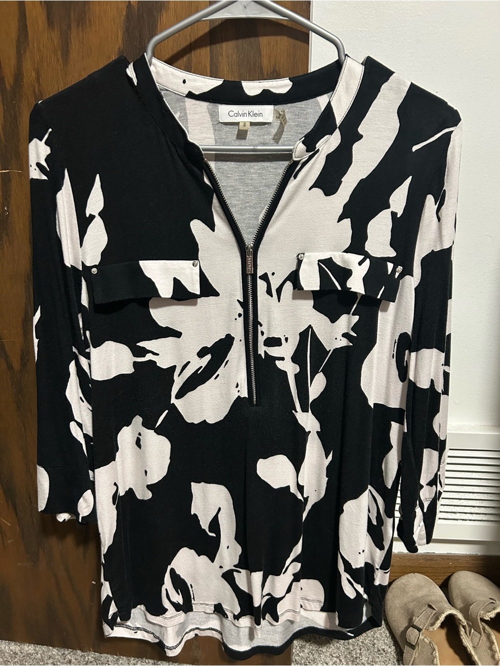 Calvin Klein Black and White Zip-Front Floral Tunic